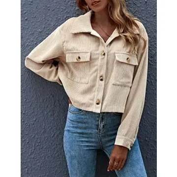 Athlisan Womens Cropped Corduroy Jacket Fall Long Sleeves Button Down Shirt Shacket(#2Apricot-XS)