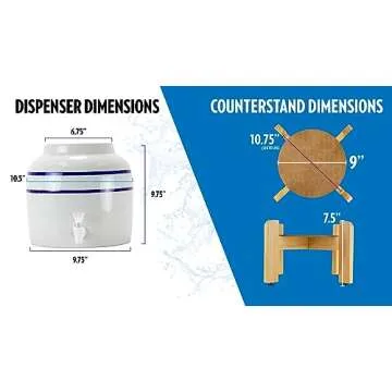 New Wave Enviro Porcelain Dispenser, Classic Blue Stripe Design with Wood Counter Stand Bundle, 2.5 Gallon Capacity with Included BPA Free Spigot and Crock Ring