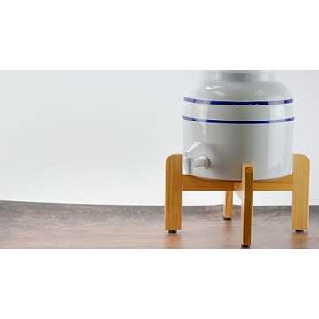 New Wave Enviro Porcelain Dispenser, Classic Blue Stripe Design with Wood Counter Stand Bundle, 2.5 Gallon Capacity with Included BPA Free Spigot and Crock Ring