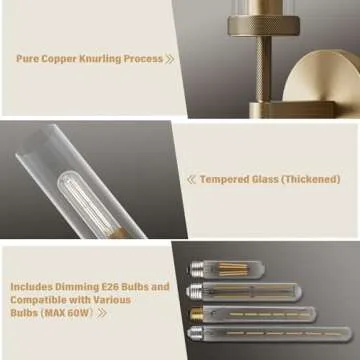 RINGRAIN Brass Wall Sconces Set of Two14.37'' Knurled Texture Indoor Wall Light Fixtures, Bathroom Vanity Light Fixtures with Clear Glass, Modern Wall Lamp for Living Room Hallway(Bulb Includ