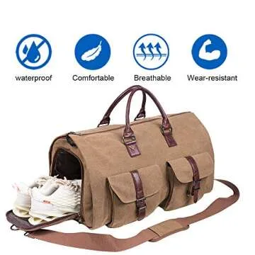 Seyfocnia, Carry On Garment Bag, Mens Garment Bag for Travel Business, Large Canvas Duffel Bag with Shoe Compartment -Brown