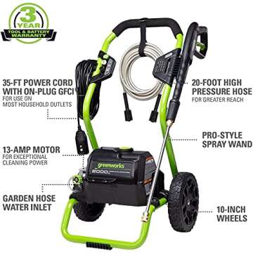 Greenworks 2000 PSI (13 Amp) Electric Pressure Washer (Wheels For Transport / 20 FT Hose / 35 FT Pow...