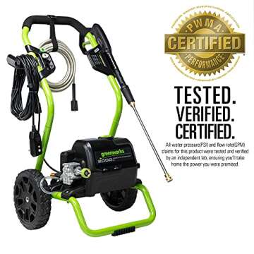 Greenworks 2000 PSI (13 Amp) Electric Pressure Washer (Wheels For Transport / 20 FT Hose / 35 FT Power Cord) Great For Cars, Fences, Patios, Driveways