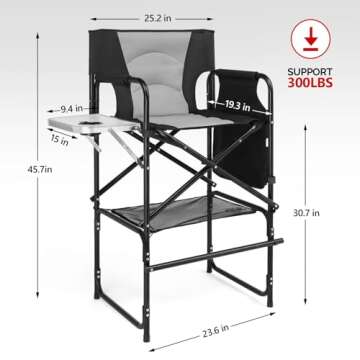 mefeir 30inch Directors Camping Chair Folding with Side Table,Portable Makeup Artist Bar Height, Aluminum Frame 300 lbs Capacity