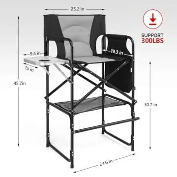 mefeir 30inch Directors Camping Chair Folding with Side Table,Portable Makeup Artist Bar Height, Aluminum Frame 300 lbs Capacity