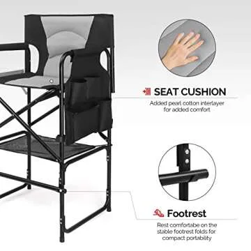 mefeir 30inch Directors Camping Chair Folding with Side Table,Portable Makeup Artist Bar Height, Aluminum Frame 300 lbs Capacity