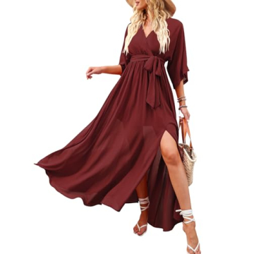 ANRABESS Women’s Summer Loose Boho Flowy Wrap V Neck 3/4 Sleeve Floral Print Slit Beach Wedding Gu...