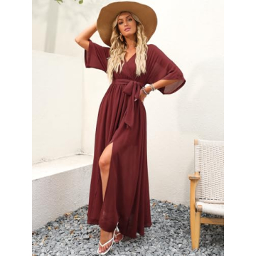 ANRABESS Women’s Summer Loose Boho Flowy Wrap V Neck 3/4 Sleeve Floral Print Slit Beach Wedding Guest Long Maxi Dresses Red Large