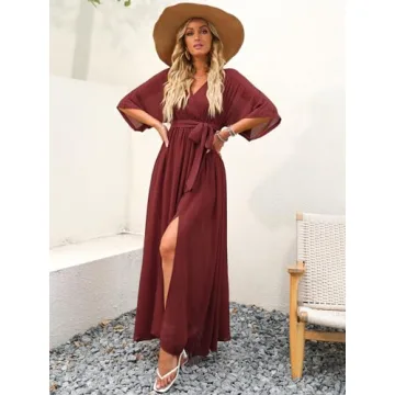 ANRABESS Women’s Summer Loose Boho Flowy Wrap V Neck 3/4 Sleeve Floral Print Slit Beach Wedding Guest Long Maxi Dresses Red Large