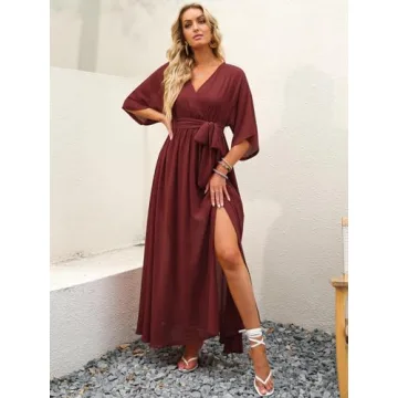 ANRABESS Women’s Summer Loose Boho Flowy Wrap V Neck 3/4 Sleeve Floral Print Slit Beach Wedding Guest Long Maxi Dresses Red Large