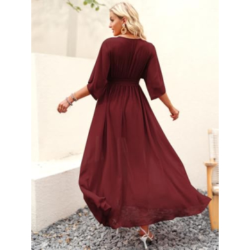 ANRABESS Women’s Summer Loose Boho Flowy Wrap V Neck 3/4 Sleeve Floral Print Slit Beach Wedding Guest Long Maxi Dresses Red Large