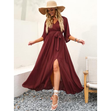 ANRABESS Women’s Summer Loose Boho Flowy Wrap V Neck 3/4 Sleeve Floral Print Slit Beach Wedding Guest Long Maxi Dresses Red Large