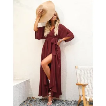 ANRABESS Women’s Summer Loose Boho Flowy Wrap V Neck 3/4 Sleeve Floral Print Slit Beach Wedding Guest Long Maxi Dresses Red Large