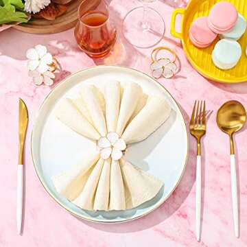 Patelai 6 Pcs White Flower Napkin Rings Set, Holiday Gold Napkin Ring Holder Floral Serviette Buckle...