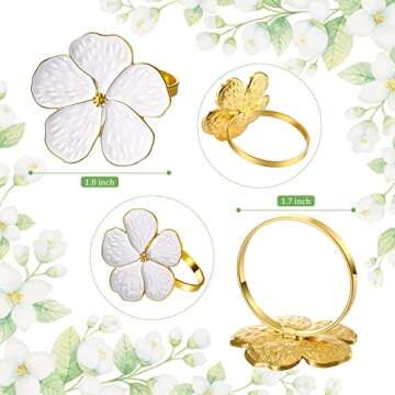 Patelai 6 Pcs White Flower Napkin Rings Set, Holiday Gold Napkin Ring Holder Floral Serviette Buckles for Wedding Party Banquet Thanksgiving Halloween Dinner Table Decor and Daily Use