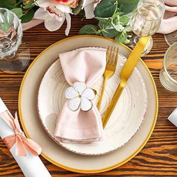 Patelai 6 Pcs White Flower Napkin Rings Set, Holiday Gold Napkin Ring Holder Floral Serviette Buckles for Wedding Party Banquet Thanksgiving Halloween Dinner Table Decor and Daily Use