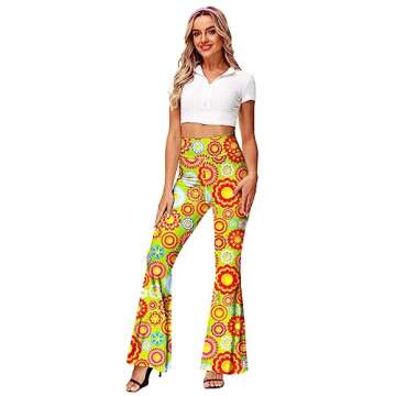 Womens Floral Flare Pants 60s 70s Groovy Hippie Costume Pants High Waisted Bootcut Yoga Trousers S