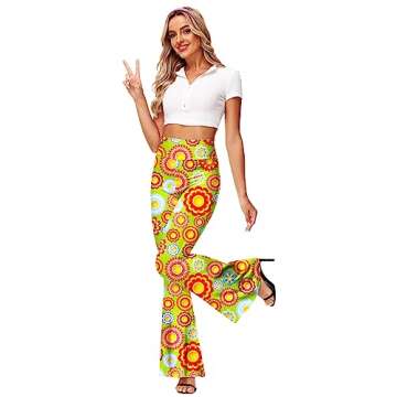 Womens Floral Flare Pants 60s 70s Groovy Hippie Costume Pants High Waisted Bootcut Yoga Trousers S