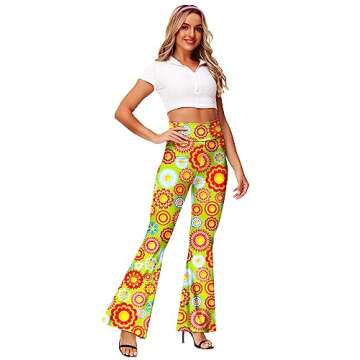 Womens Floral Flare Pants 60s 70s Groovy Hippie Costume Pants High Waisted Bootcut Yoga Trousers S