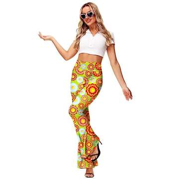 Womens Floral Flare Pants 60s 70s Groovy Hippie Costume Pants High Waisted Bootcut Yoga Trousers S