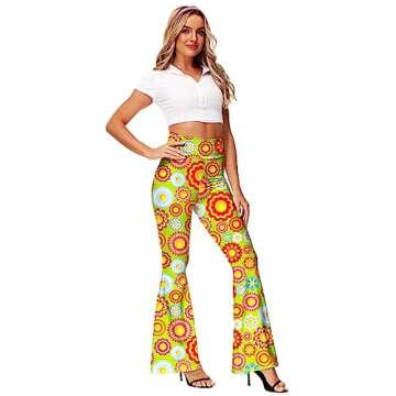 Womens Floral Flare Pants 60s 70s Groovy Hippie Costume Pants High Waisted Bootcut Yoga Trousers S
