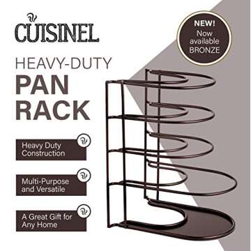 Cuisinel Pots and Pans Organizer for Cast Iron Skillets and Griddles - Heavy Duty Pan Rack - Holds Up to 50 LBS- Horizontal or Vertical Use - Durable Steel - Bronze 12.2"-Inch - No Assembly Required