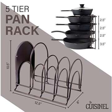 Cuisinel Pots and Pans Organizer for Cast Iron Skillets and Griddles - Heavy Duty Pan Rack - Holds Up to 50 LBS- Horizontal or Vertical Use - Durable Steel - Bronze 12.2"-Inch - No Assembly Required