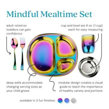 Ahimsa Kids and Toddler Plate and Bowl Set | Pediatrician Designed - Mindful Mealtime 5 Piece Stainless Steel Dish Set | Includes Divided Plate, Utensils, Cup, and Bowl | 100% BPA Free (Rainbow))
