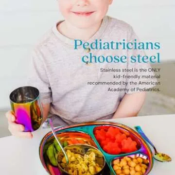 Ahimsa Kids and Toddler Plate and Bowl Set | Pediatrician Designed - Mindful Mealtime 5 Piece Stainless Steel Dish Set | Includes Divided Plate, Utensils, Cup, and Bowl | 100% BPA Free (Rainbow))