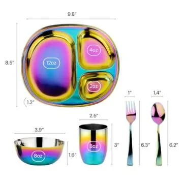 Ahimsa Kids and Toddler Plate and Bowl Set | Pediatrician Designed - Mindful Mealtime 5 Piece Stainless Steel Dish Set | Includes Divided Plate, Utensils, Cup, and Bowl | 100% BPA Free (Rainbow))
