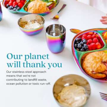 Ahimsa Kids and Toddler Plate and Bowl Set | Pediatrician Designed - Mindful Mealtime 5 Piece Stainless Steel Dish Set | Includes Divided Plate, Utensils, Cup, and Bowl | 100% BPA Free (Rainbow))