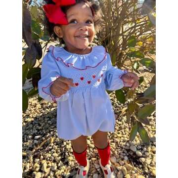 mlpeerw My First Valentines Baby Girl Outfit Newborn Heart Smocked Bubble Romper Bodysuit Cute Valen...