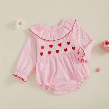 mlpeerw My First Valentines Baby Girl Outfit Newborn Heart Smocked Bubble Romper Bodysuit Cute Valentines Clothes