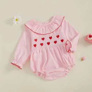 mlpeerw My First Valentines Baby Girl Outfit Newborn Heart Smocked Bubble Romper Bodysuit Cute Valentines Clothes