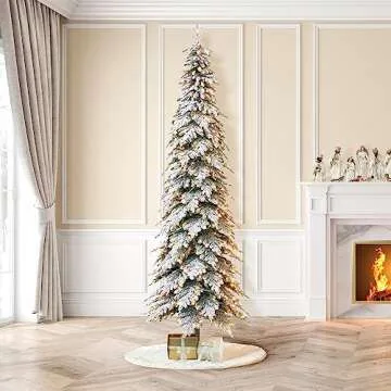 Glitzhome 11ft Pre-Lit Flocked Pencil Spruce Artificial Christmas Tree with 700 Warm White Lights and Sturdy Metal Stand for Home, Office, Party Decoration