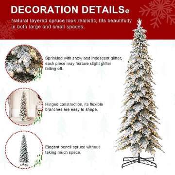 Glitzhome 11ft Pre-Lit Flocked Pencil Spruce Artificial Christmas Tree with 700 Warm White Lights and Sturdy Metal Stand for Home, Office, Party Decoration