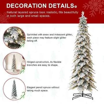 Glitzhome 11ft Pre-Lit Flocked Pencil Spruce Artificial Christmas Tree with 700 Warm White Lights and Sturdy Metal Stand for Home, Office, Party Decoration