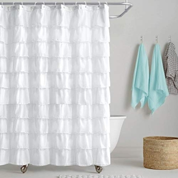 Reisen White Ruffle Shower Curtain for Modern Bathrooms