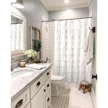 Reisen White Ruffle Shower Curtain for Modern Bathrooms