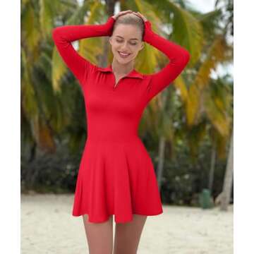 OQQ Womens Dress Casual Long Sleeve Elastic Simple A-Line Zipper Mini Dress Red