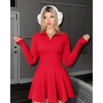 OQQ Womens Dress Casual Long Sleeve Elastic Simple A-Line Zipper Mini Dress Red