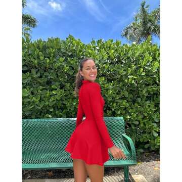 OQQ Womens Dress Casual Long Sleeve Elastic Simple A-Line Zipper Mini Dress Red
