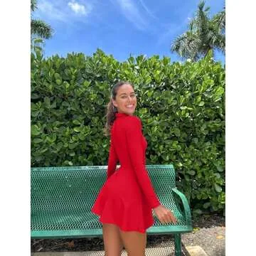 OQQ Womens Dress Casual Long Sleeve Elastic Simple A-Line Zipper Mini Dress Red