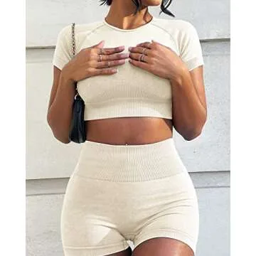 OLCHEE Womens Workout Sets 2 Piece - Seamless Acid Wash Yoga Outfits Leggings Shorts and Crop Top Matching Gym Activewear Athletic Clothing Set - Cream X-Small