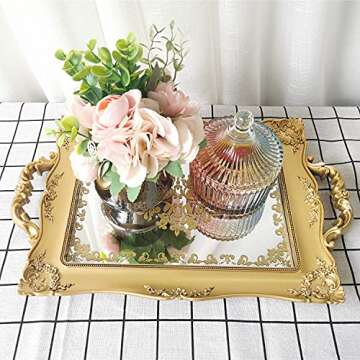 Yash Decorative Mirror Tray,Floral Vanity Organizer for Makeup,Jewelry,Perfume,Vintage Rectangular Display and Serving Tray for Dresser,Counter and Coffee Table,9.5 inch x14.9 inch,Gold