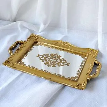 Yash Decorative Mirror Tray,Floral Vanity Organizer for Makeup,Jewelry,Perfume,Vintage Rectangular Display and Serving Tray for Dresser,Counter and Coffee Table,9.5 inch x14.9 inch,Gold