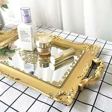 Yash Decorative Mirror Tray,Floral Vanity Organizer for Makeup,Jewelry,Perfume,Vintage Rectangular Display and Serving Tray for Dresser,Counter and Coffee Table,9.5 inch x14.9 inch,Gold