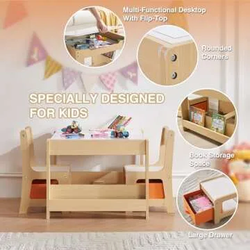 GABHX Kids Table and Chair Set, 4 in 1 Wooden Activity Table with Bookshelves and Storage Drawer, 2 ...