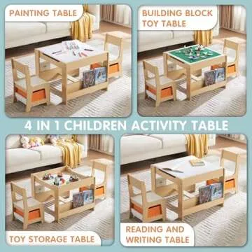 GABHX Kids Table and Chair Set, 4 in 1 Wooden Activity Table with Bookshelves and Storage Drawer, 2 in 1 Detachable Tabletop Construction Play Table Set for Drawing, Reading, Build Blocks