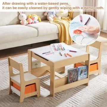 GABHX Kids Table and Chair Set, 4 in 1 Wooden Activity Table with Bookshelves and Storage Drawer, 2 in 1 Detachable Tabletop Construction Play Table Set for Drawing, Reading, Build Blocks